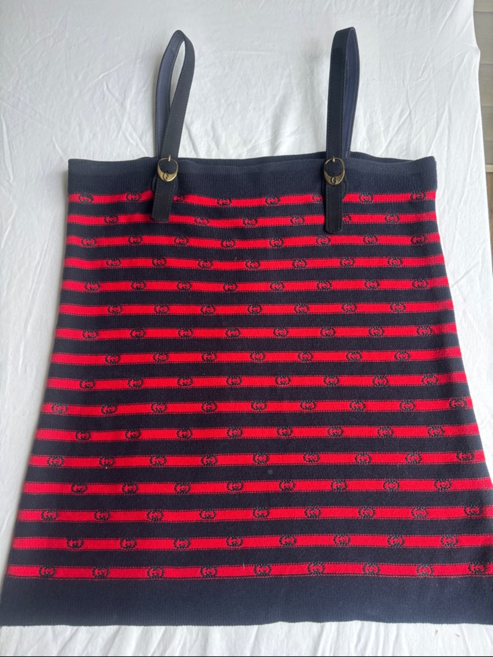 Rare Gucci Navy and Red Stripe knit Top with Leather Straps